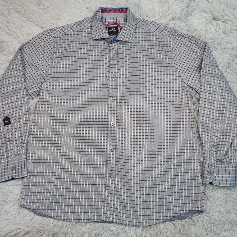 Di Nero Shirt Mens XXL Blue‎ Milano Check Career Preppy Casual Turkey Button Up